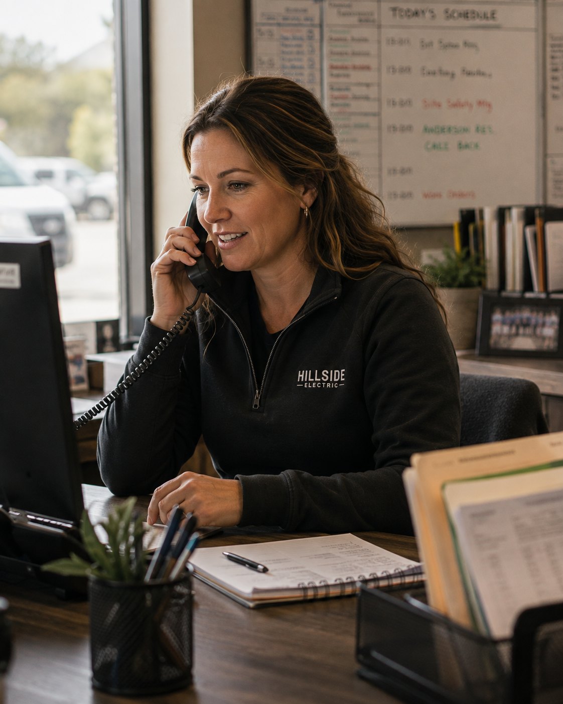 A service coordinator on the phone at her desk, the day's schedule on the whiteboard behind her.