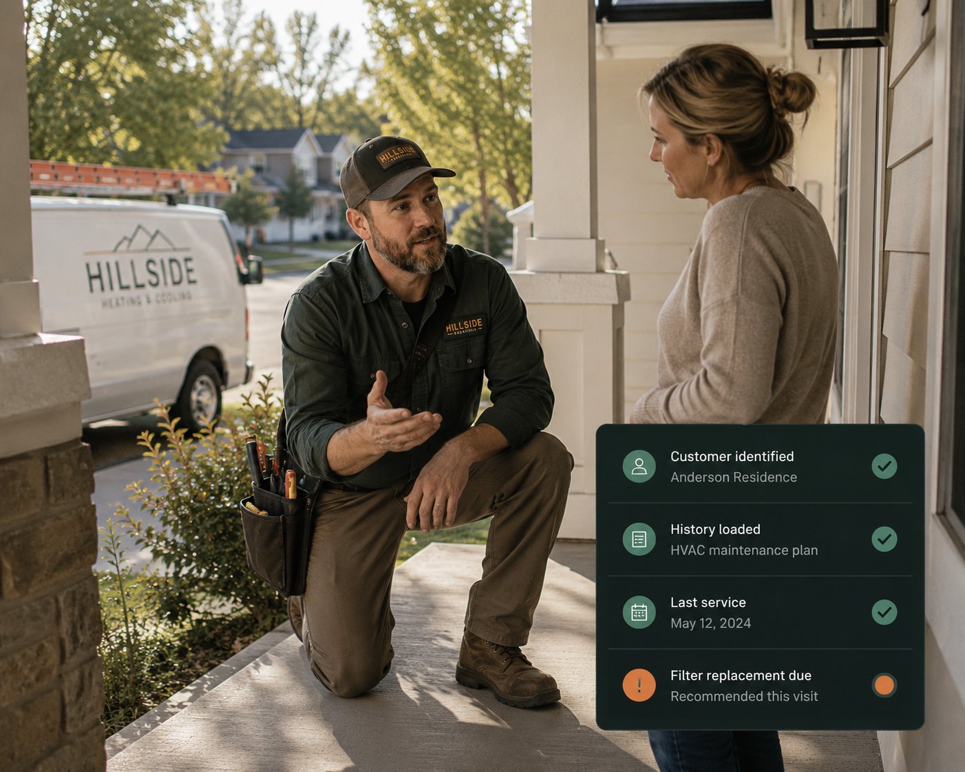 A technician kneeling on a front porch, talking with the homeowner, beside a 208Werx panel showing her service history.