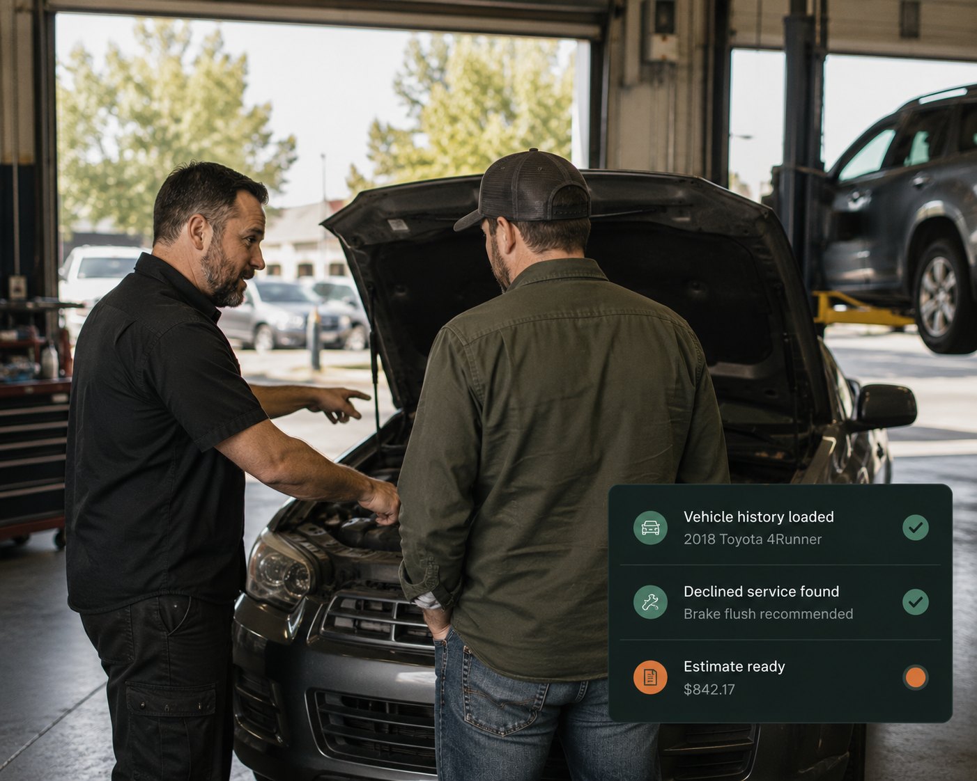 A service advisor and a customer looking under the hood together, beside a 208Werx panel showing the vehicle's history.