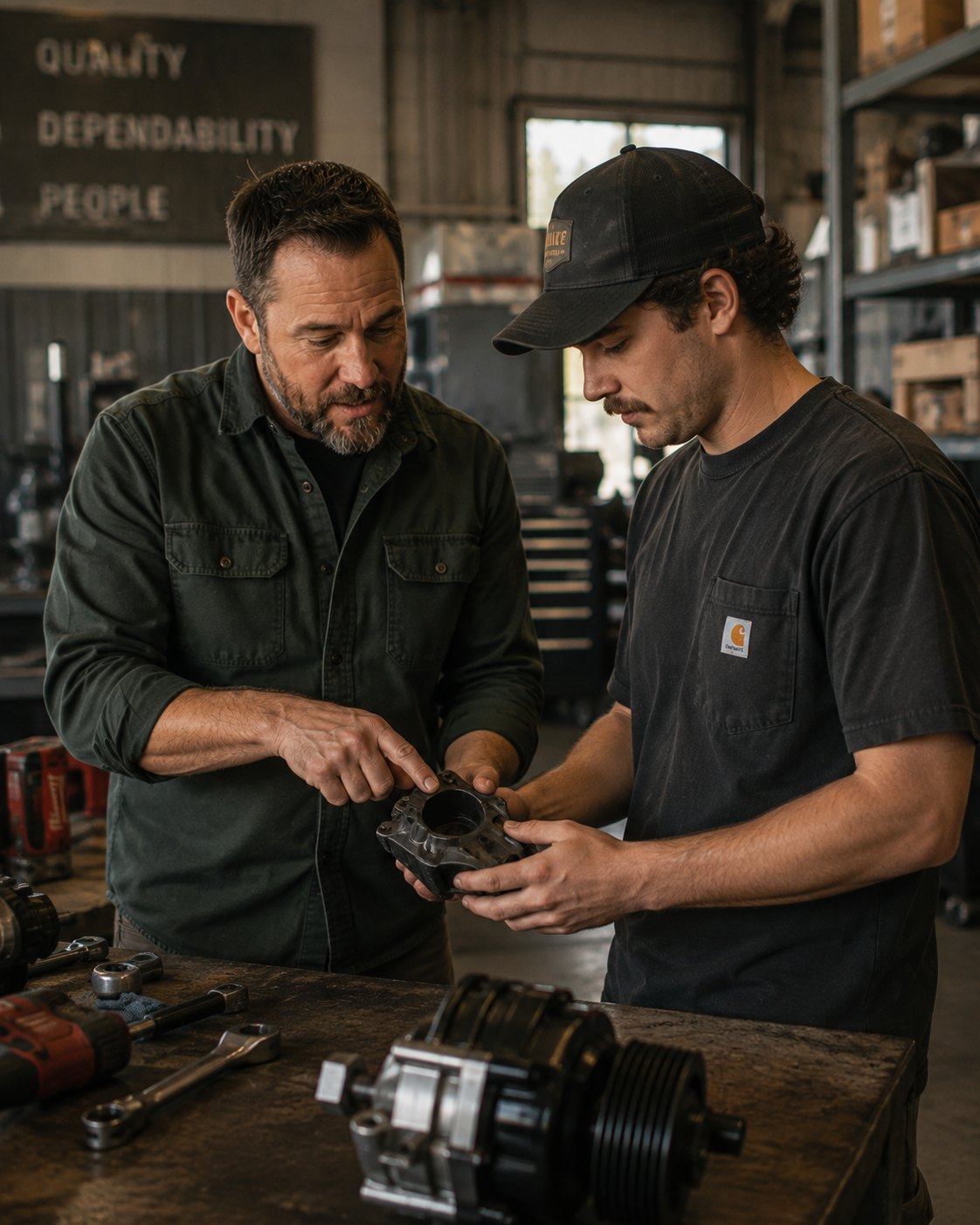 A shop owner and a younger technician examining a part together at the bench.
